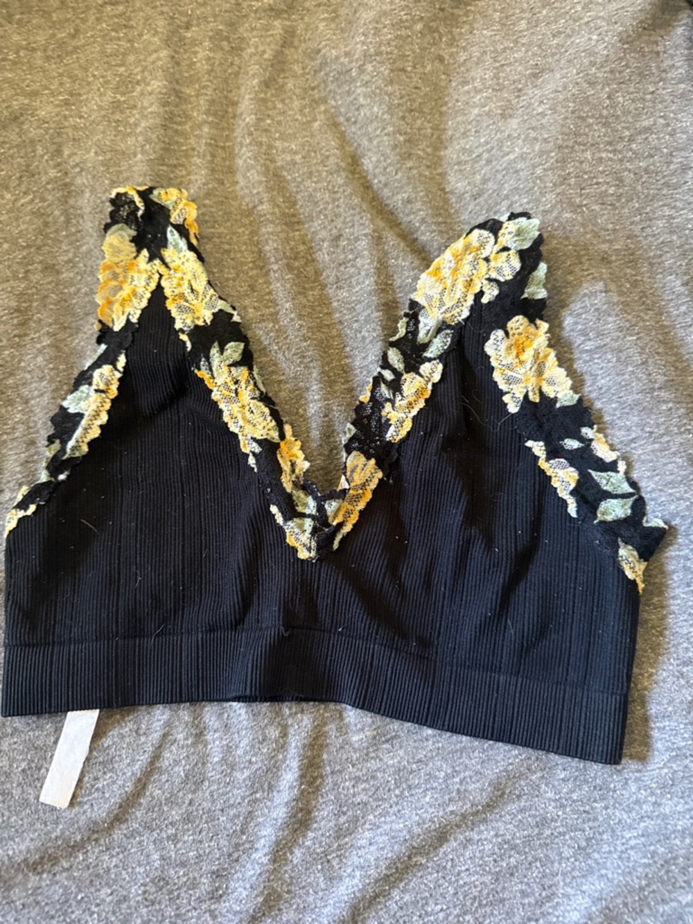 Black Floral Lace Trim Bralette with Yellow Roses
